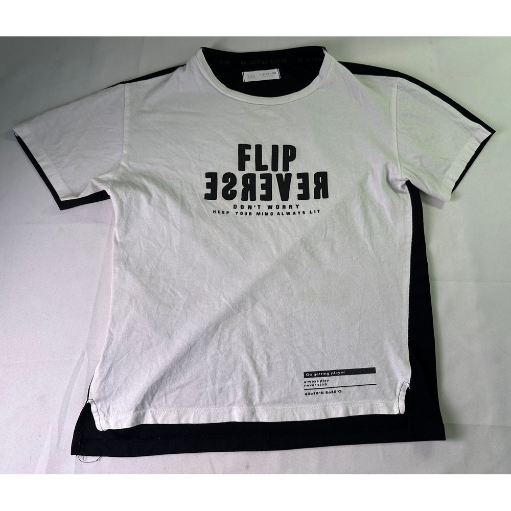 Zara Boys Size 11-12 Flip Reverse Graphic T-Shirt White Black Keep Active Sporty